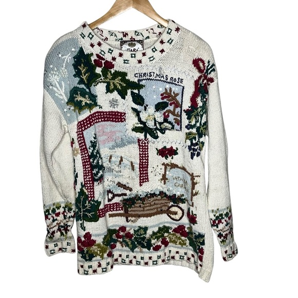 Tiara Christmas Rose Winter Cabin scene ugly tacky holiday sweater medium‎ 1990s - Picture 8 of 12